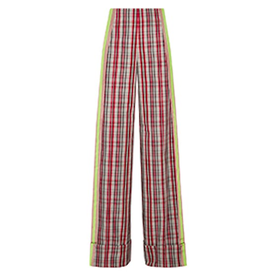 Grosgrain-Trimmed Checked Canvas Wide-Leg Pants