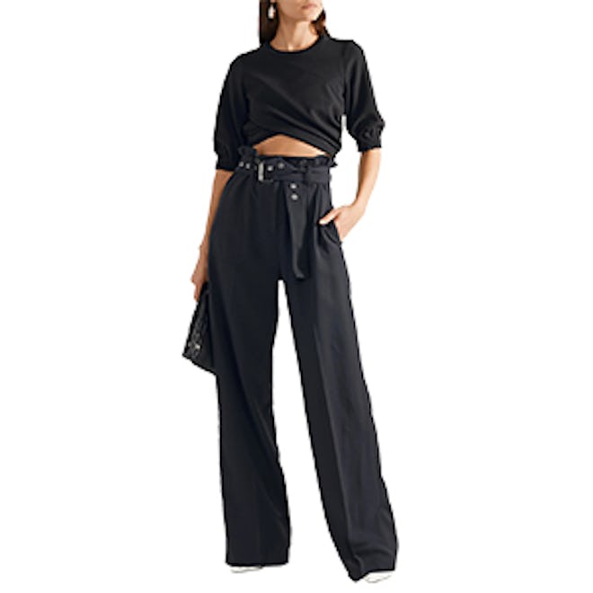 Belted Pinstriped Twill Wide-Leg Pants