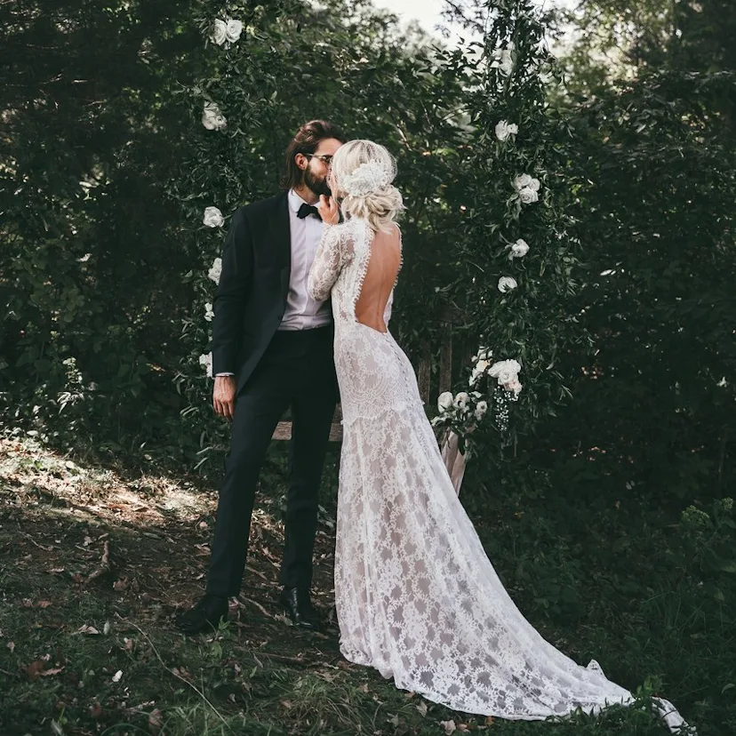 happily grey wedding dress Rhiannon | Corset Wedding Dress with Tulle Sleeves