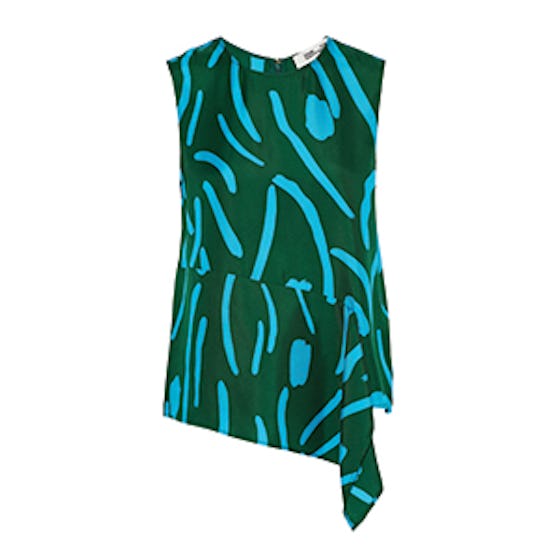 Asymmetric Draped Printed Silk-Satin Top