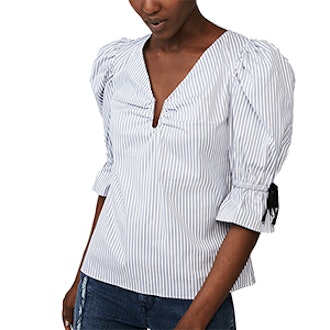 Cotton Puff Sleeve V-Neck Blouse