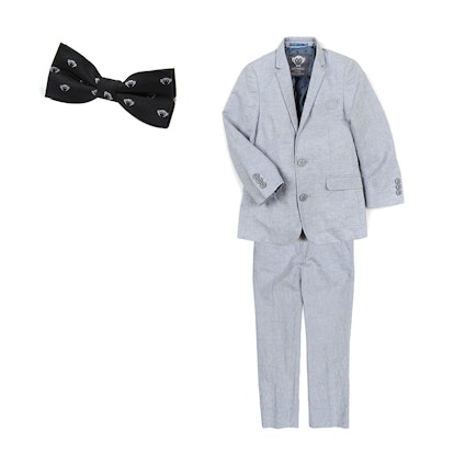 A black bow tie and a light blue formal suit 