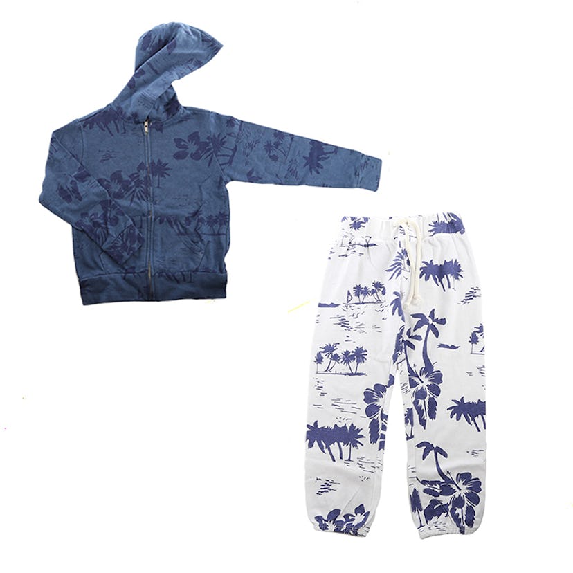 A blue Hawaiian hoody and white Hawaiian sweatpants