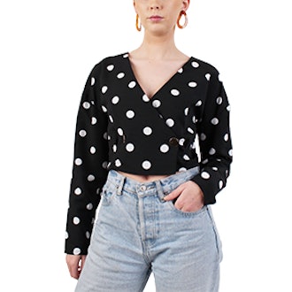 Black Polka Dot Double Breasted Wrap Blouse
