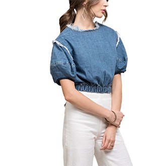Cinched Denim Crop Top With Raw Detail