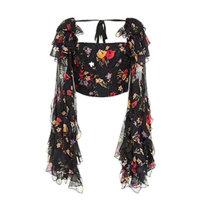 Floral Printed Silk Satin Cropped Blouse