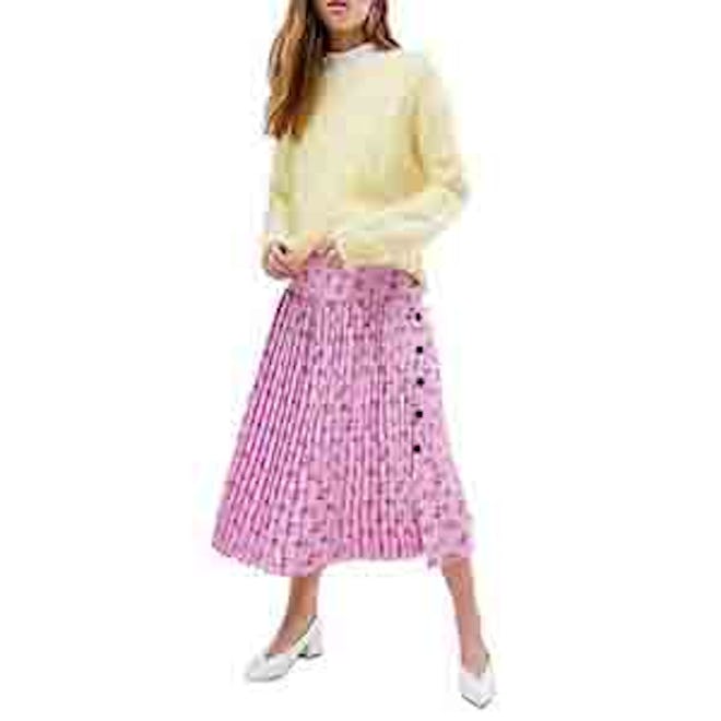 Pleated Midi Skirt in Floral Print with Side Buttons