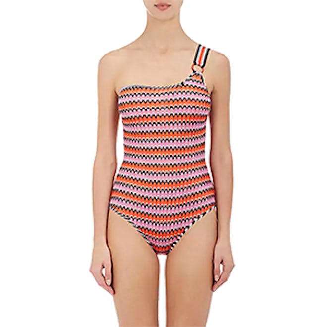 Chevron-Knit One-Piece One-Shoulder Swimsuit