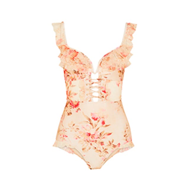 Corsair Ruffled Floral-Print Point D’Esprit-Trimmed Halterneck Swimsuit