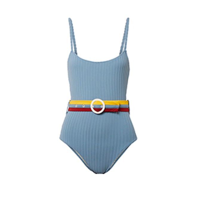 Solid & Striped The Nina Belted Ribbed Stretch-Knit Swimsuit