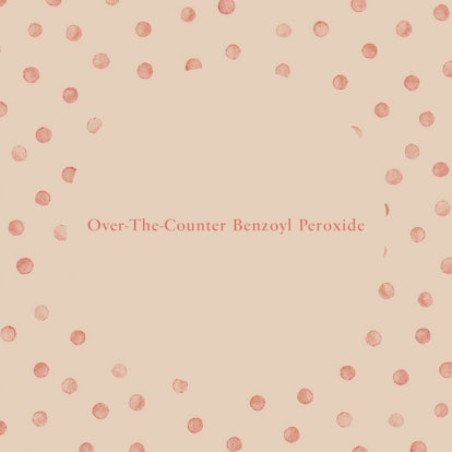 "Over-The-Counter Benzoyl Peroxide" text sign on a light brown background with pink dots