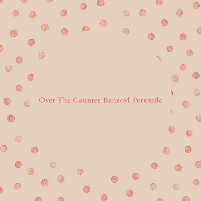 "Over-The-Counter Benzoyl Peroxide" text sign on a light brown background with pink dots