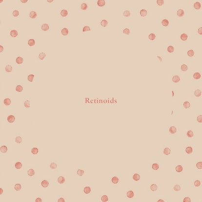 "Retinoids" text sign on a light brown background with pink dots