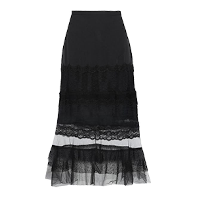 Lace and Tulle-Paneled Crepe de Chine Midi Skirt