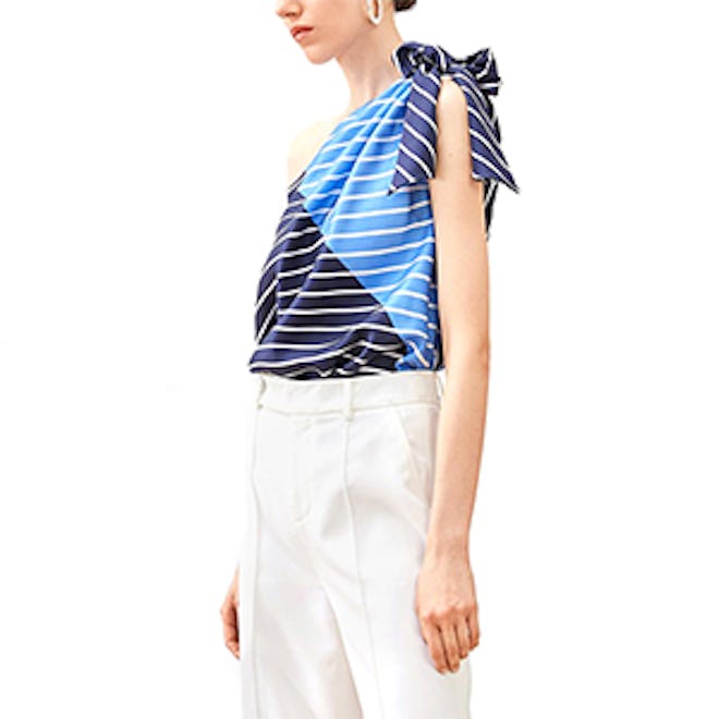 Striped One Shoulder Silk Top