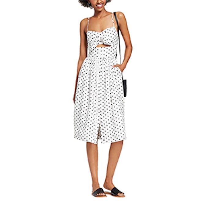 Polka Dot Sleeveless Button Down Knot Front Midi Dress