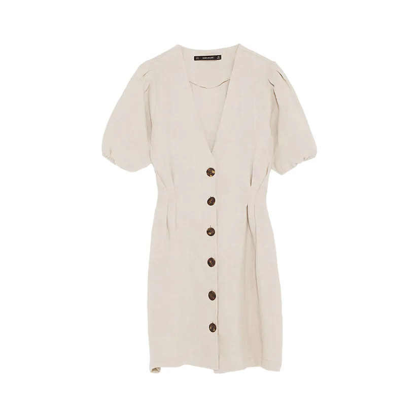 zara linen dress beige ZW COLLECTION LINEN BLEND MIDI DRESS - Sand / Marl