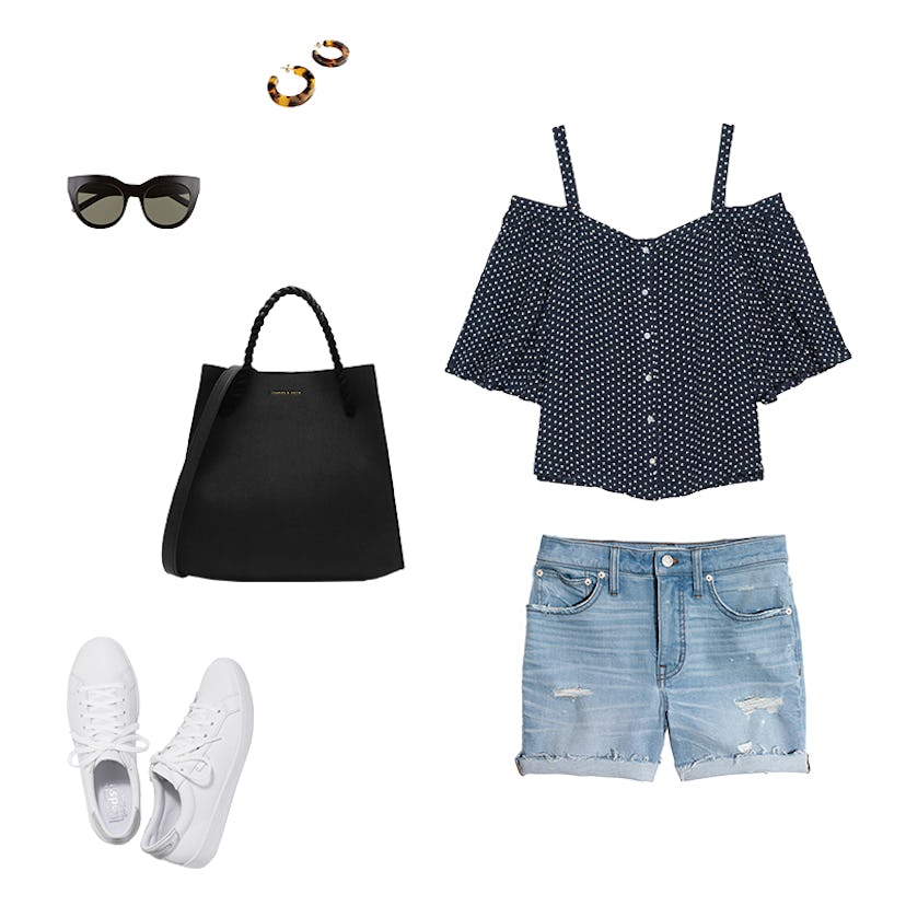 An off shoulder blouse, a black tote, denim shorts, thick tortoise hoops, black sunglasses, and whit...