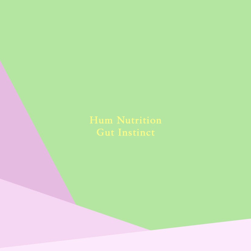 "Hum Nutrition Gut Instinct" text on a pink and green background