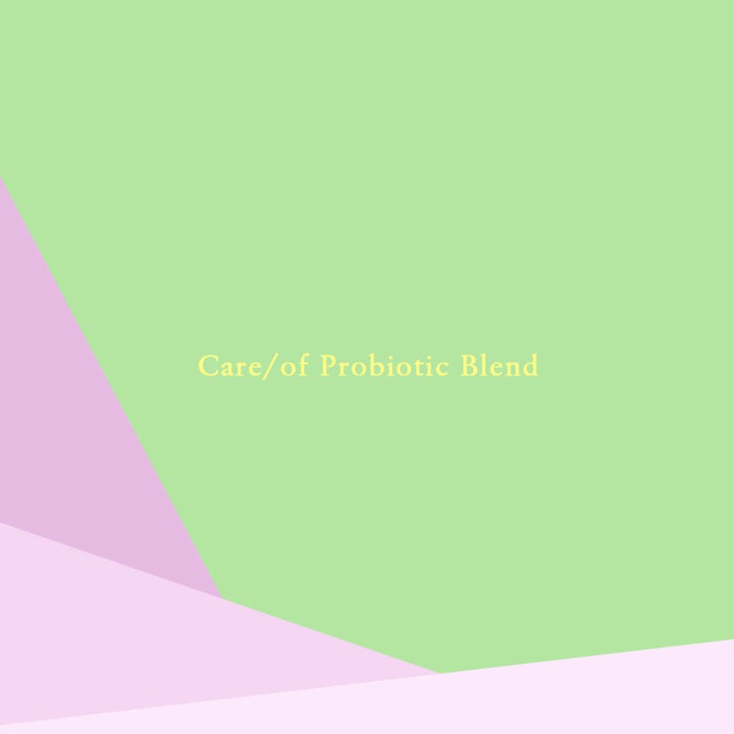 "Care/of Probiotic Blend" text on a pink and green background