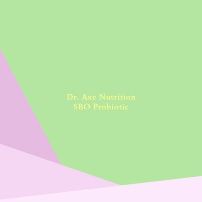 "Dr. Axe Nutrition SBO Probiotic" text on a pink and green background
