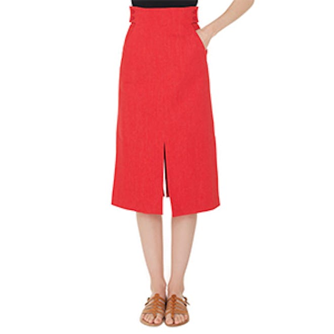High-Waist A-Line Cotton-Stretch Denim Midi Skirt With Slits