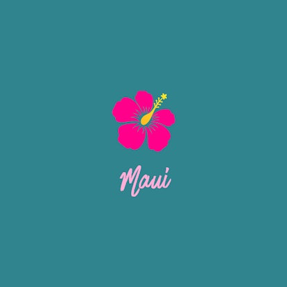 "Maui" text sign and a flower drawing on a dark green background