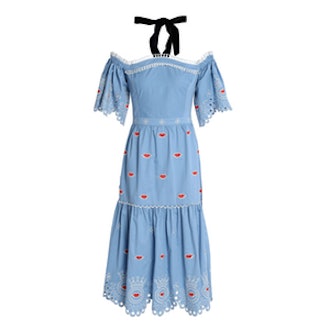 Off-The-Shoulder Embroidered Cotton-Poplin Midi Dress