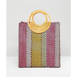 Stripe Straw Mini Shopper Bag With Bamboo Handle