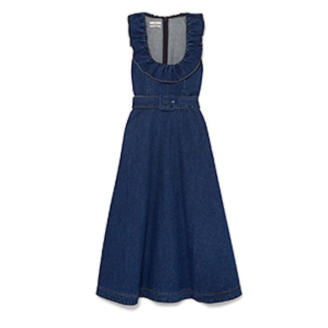 CO Belted Ruffle-Trim Denim Midi Dress