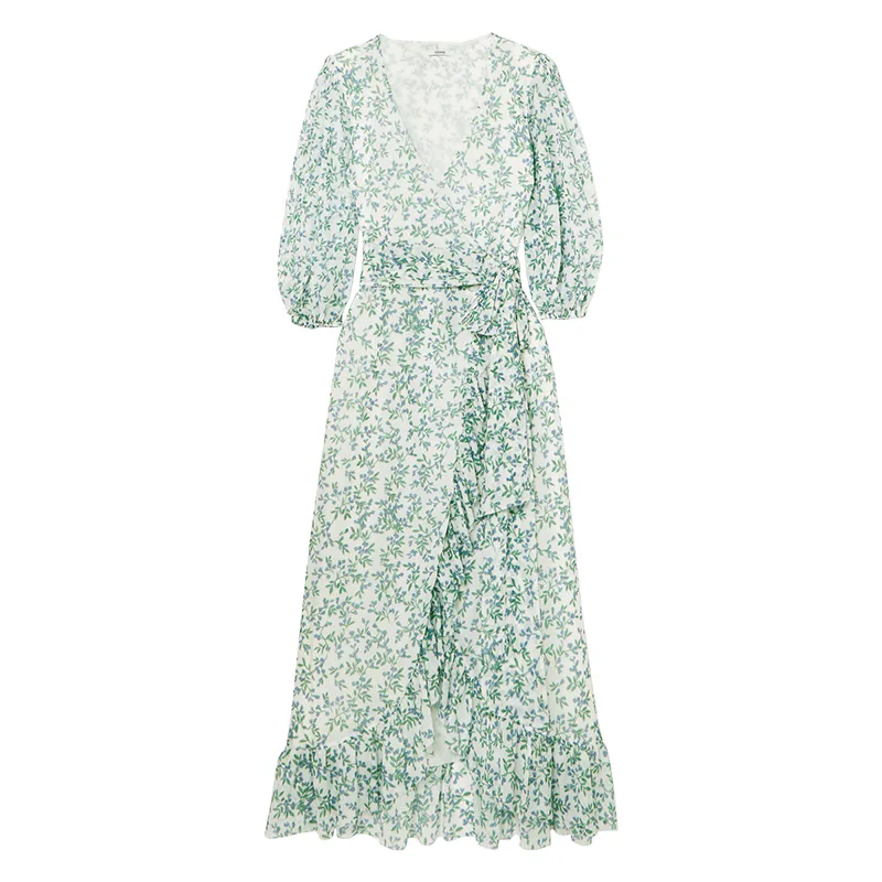 ganni white floral mesh wrap dress GANNI Tilden Mesh FloralPrint Wrap Dress Sz 36 Medium. chest 32"