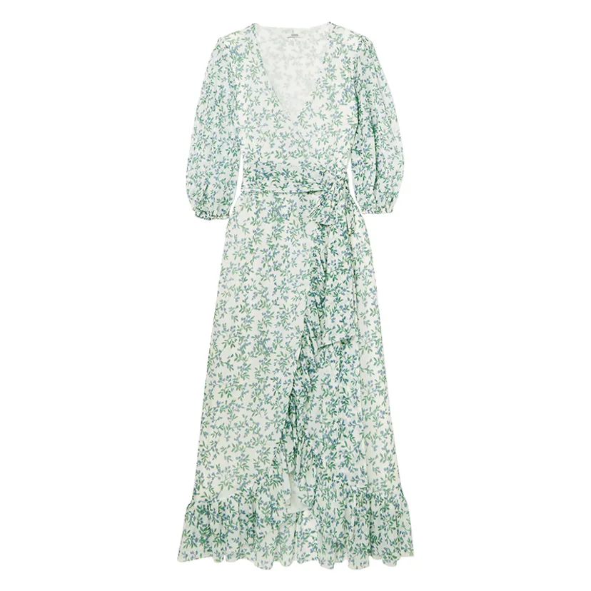 ganni white floral mesh wrap dress GANNI Tilden Mesh FloralPrint Wrap Dress Sz 36 Medium. chest 32"