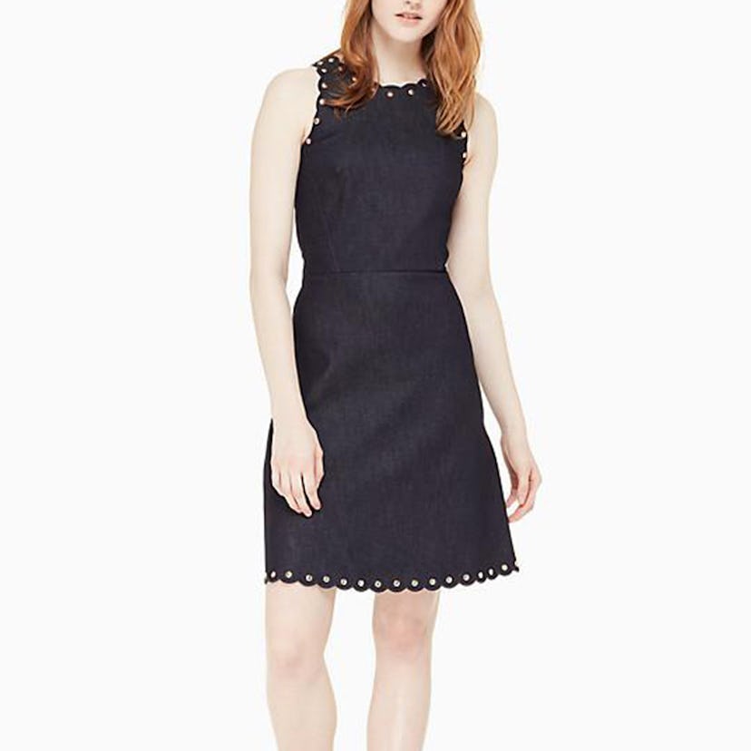 A model in a black Kate Spade denim A-line dress 