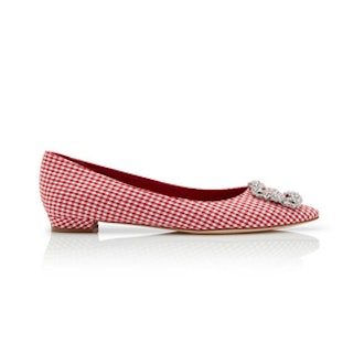 Red and White Gingham Jewel Buckled Flat Shoes
