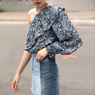 One Sleeve Floral Ruffle Top