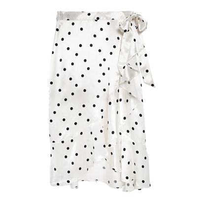 White satin spot ruffled skirt with black dots 