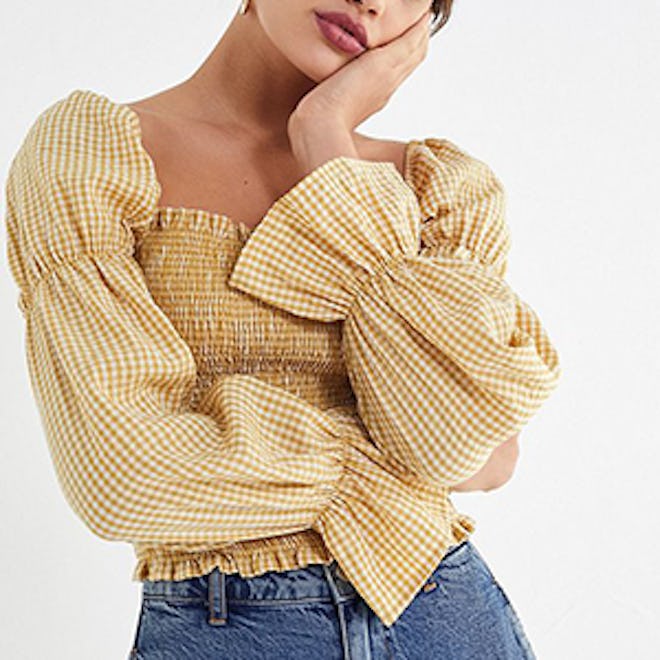 Gingham Cinched-Sleeve Blouse