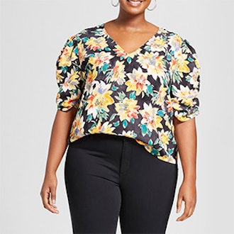Ava & Viv Plus Size Floral Print Pleated Short Sleeve Top