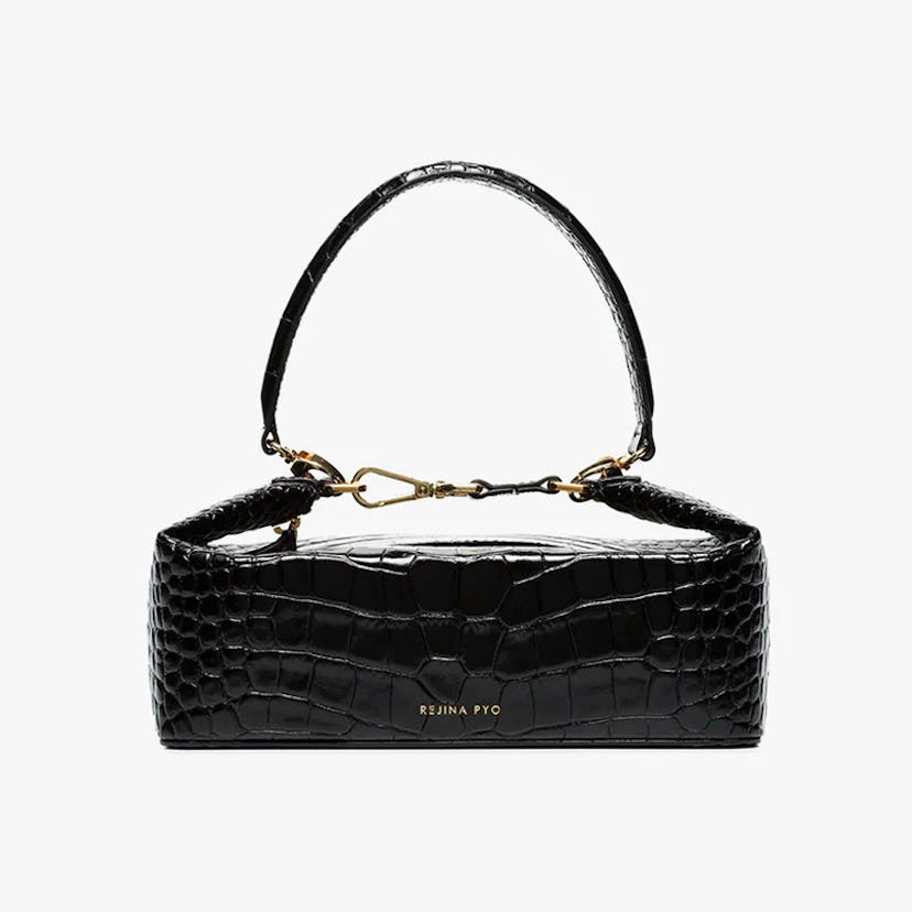 Black Olivia crocodile embossed leather box bag