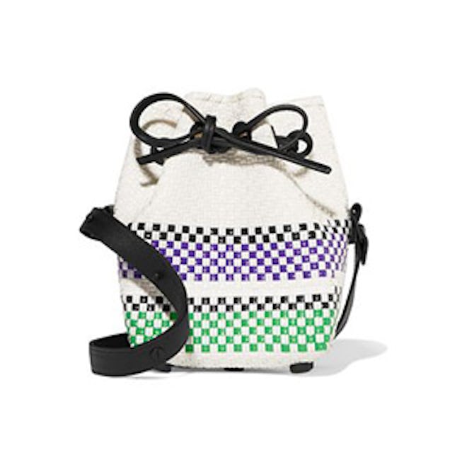 Leather-Trimmed Striped Basketweave Bucket Bag