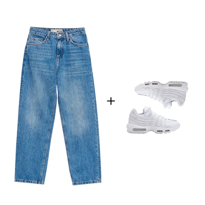 Moto Mid blue straight cropped jeans and white Air Max 95 sneakers