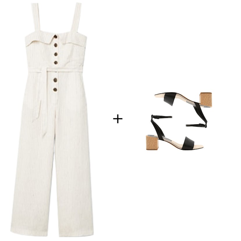 White linen-blend striped jumpsuit and Zarita sandals