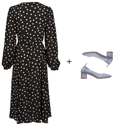 Black printed midi dress and white low pumps on a white background