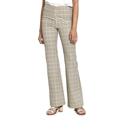 Stelen Signe plaid flare pants worn by a female model 