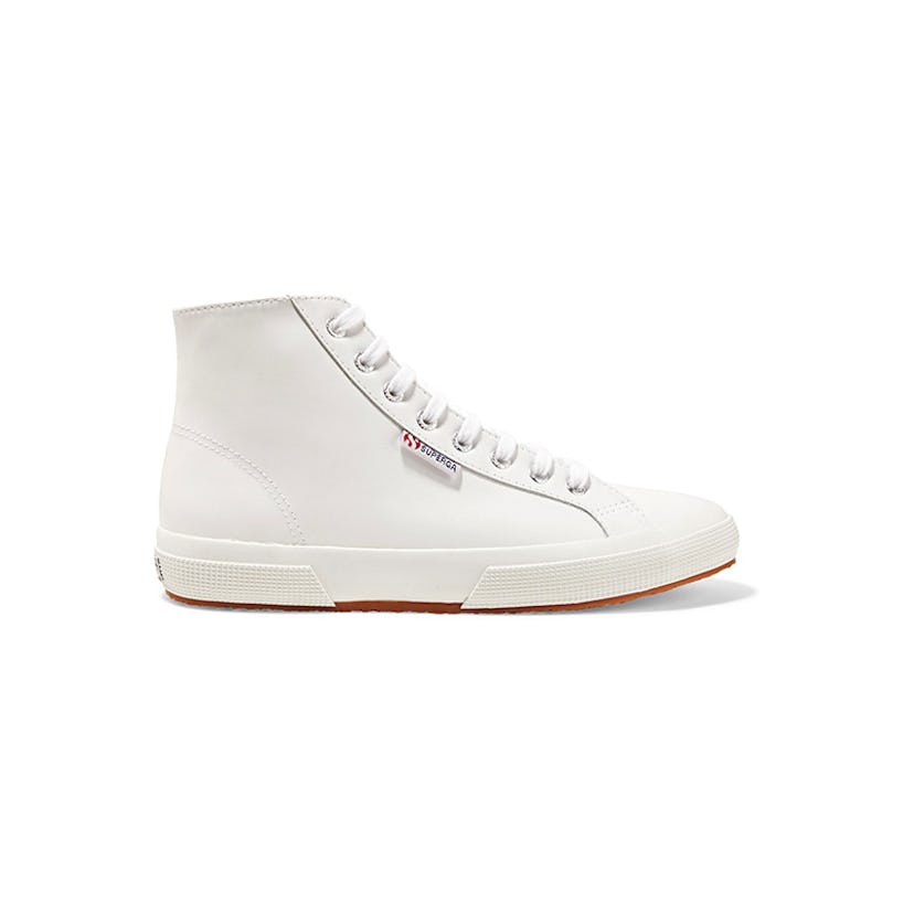 A white leather high-top sneaker
